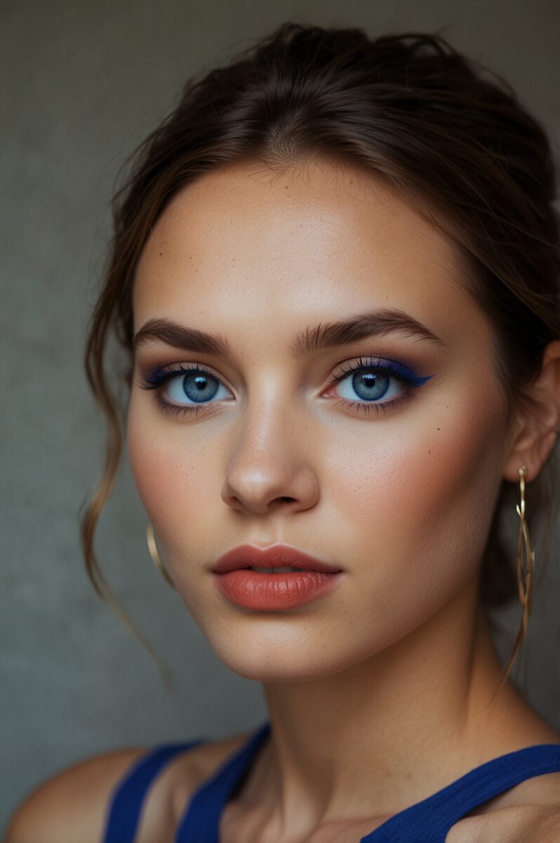 Close-up portrait of a young woman with blue eyes, blue eyeliner, coral lips, gold earrings, and dark updo hair