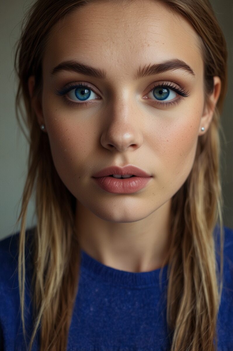 Young woman with striking blue eyes and blonde hair wearing a blue sweater, close-up portrait