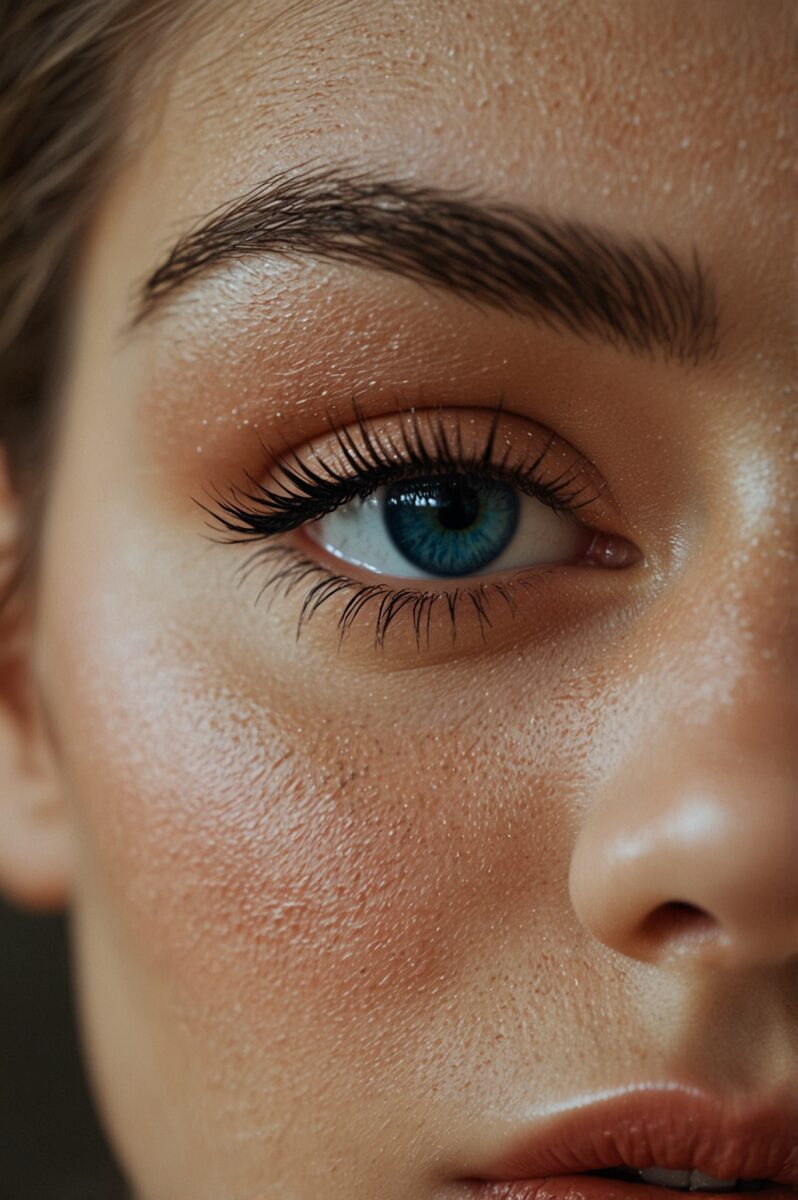 Extreme close-up of a woman's blue eye with long black lashes, defined brow, and glowing skin