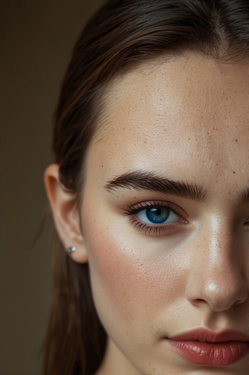 Close-up portrait of a young woman with striking blue eyes, dark brows, freckles, and terracotta lips
