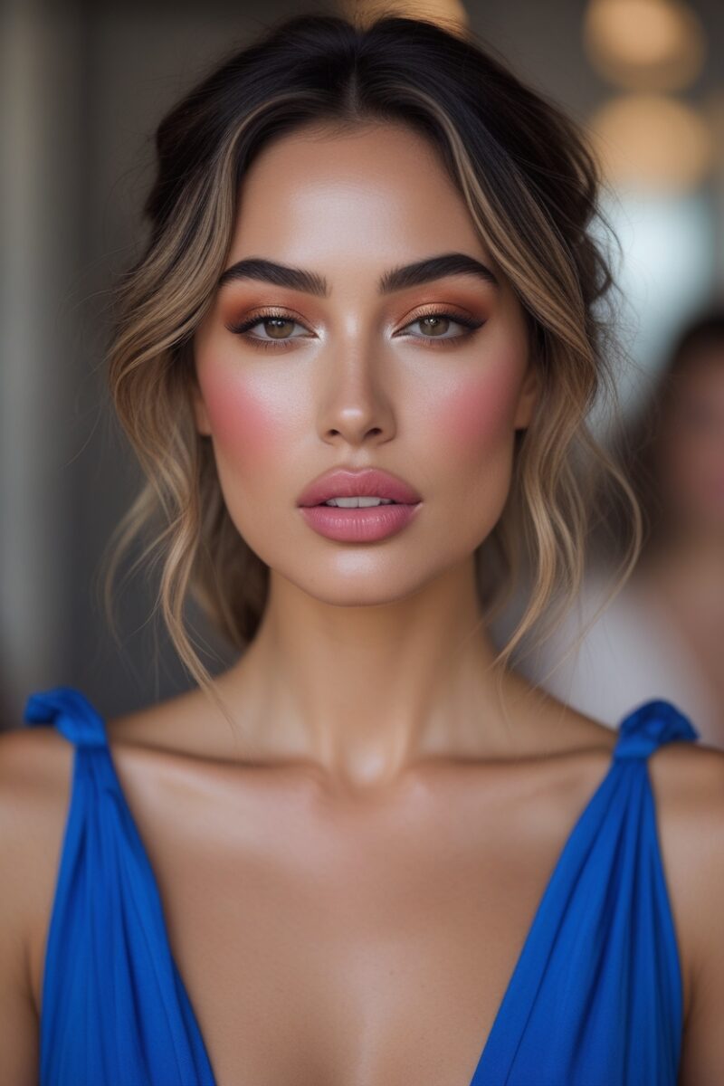 Woman with elegant updo hairstyle wearing blue dress with warm toned makeup including copper eyeshadow and pink lips