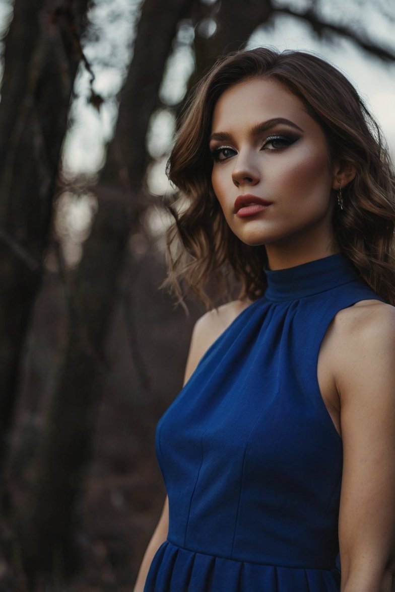 Young woman in royal blue sleeveless mock-neck dress standing outdoors among dark trees at dusk