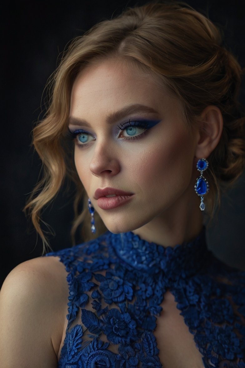 Young woman with blue eyes wearing royal blue lace dress and sapphire drop earrings with dramatic blue eye makeup