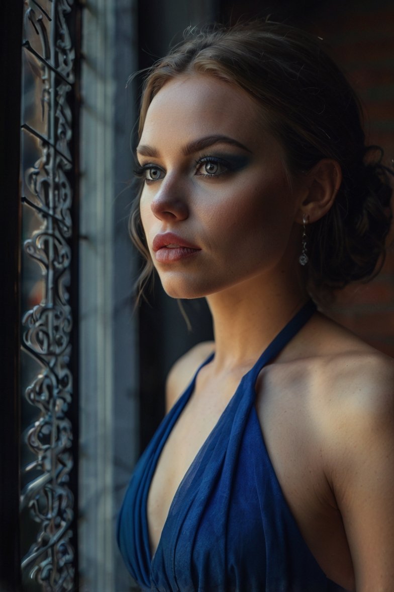 Young woman in blue halter dress with dramatic makeup standing near ornate iron window frame