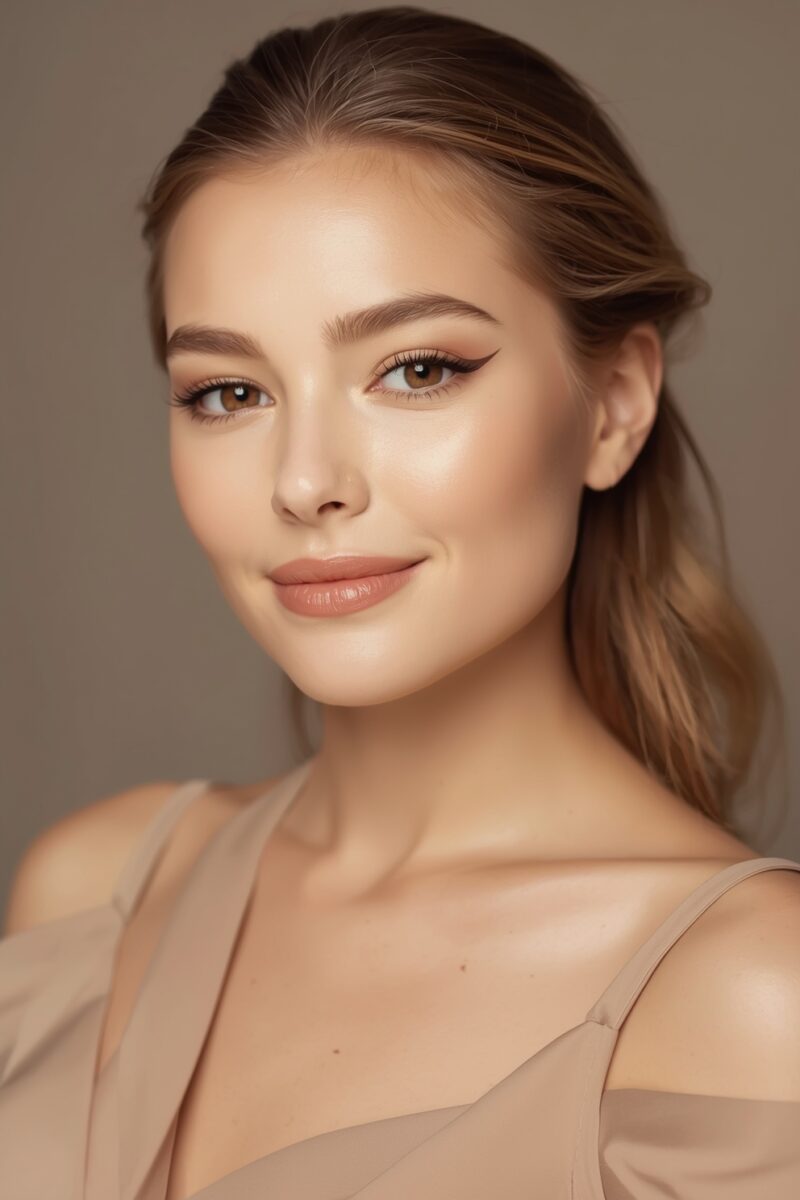 Young woman with brown eyes and pulled-back hair wearing natural nude makeup and beige off-shoulder top