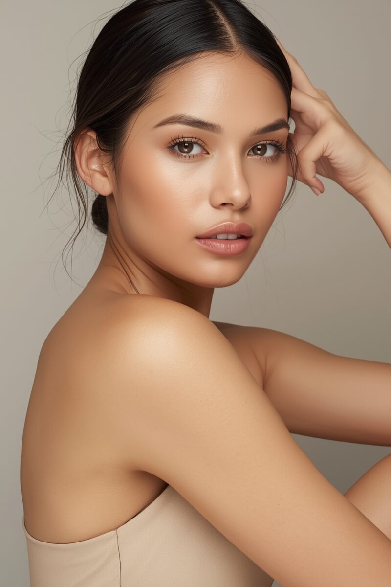Young woman with dark hair and glowing skin posing against neutral gray background in nude strapless top