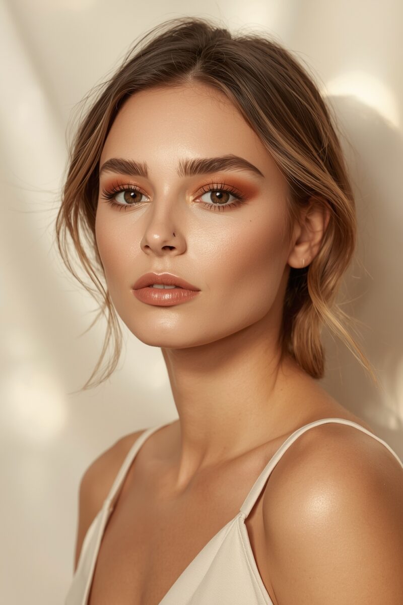Young woman with glowing skin, warm terracotta eyeshadow, nude lips, and loose updo hairstyle in white top