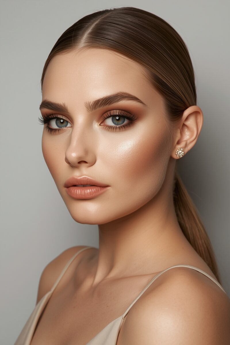 Young woman with sleek brown ponytail, blue eyes, bronze smoky eye makeup, and nude lips against gray background