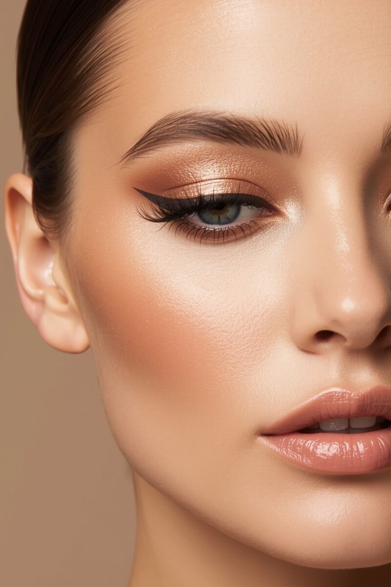 Close-up of woman with glam makeup featuring cat-eye liner, rose gold eyeshadow, and glossy nude lips