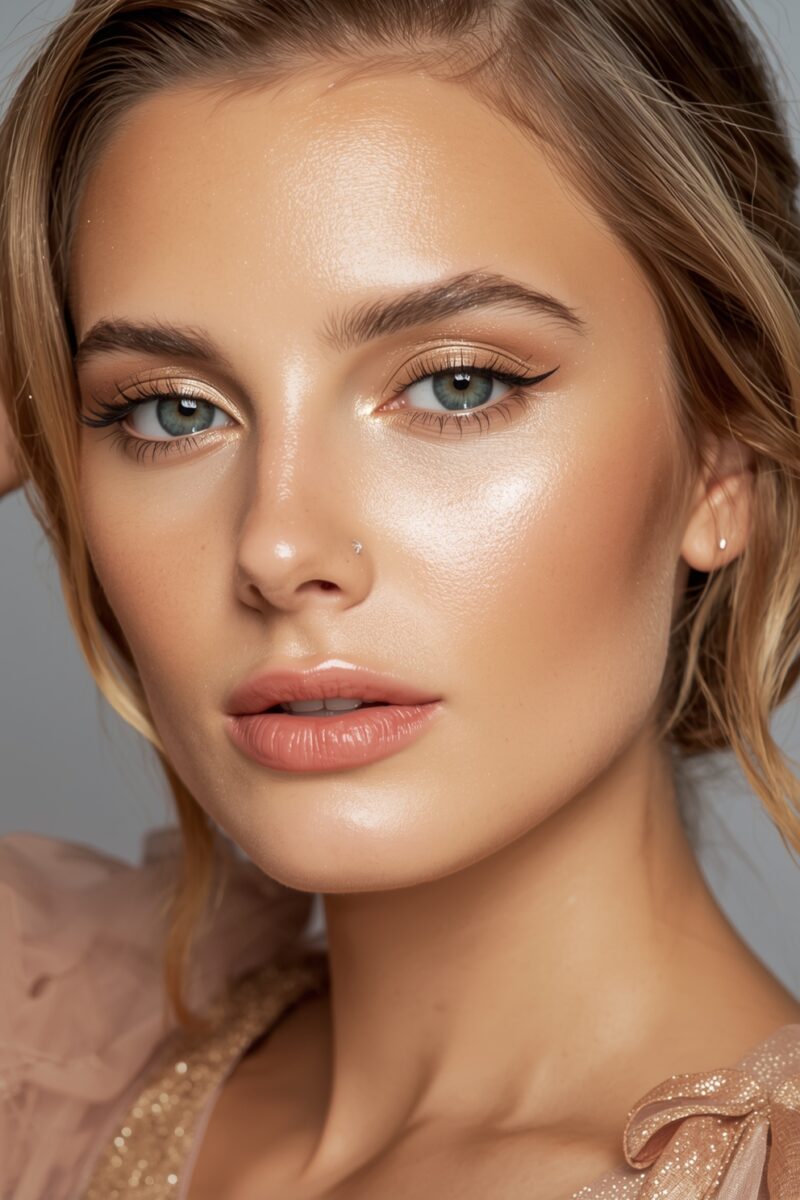Close-up portrait of blonde woman with blue-green eyes, glowing skin, winged eyeliner, and natural pink lips