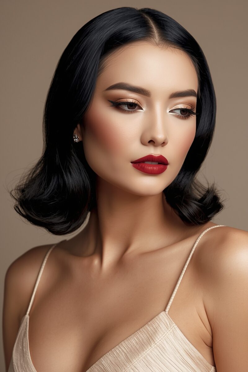 Woman with black wavy bob hairstyle, red lips, dramatic eye makeup, and diamond stud earring in beige dress
