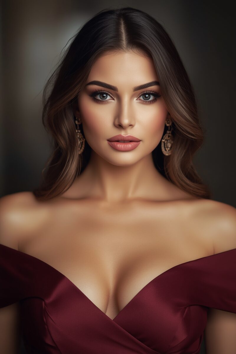 Woman in elegant burgundy off-shoulder dress with dark hair, smoky eye makeup, and gold drop earrings