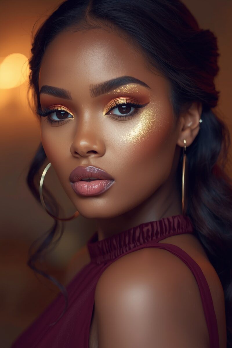 Woman with glam makeup featuring gold eyeshadow, glitter highlights, glossy nude lips, and gold hoop earrings
