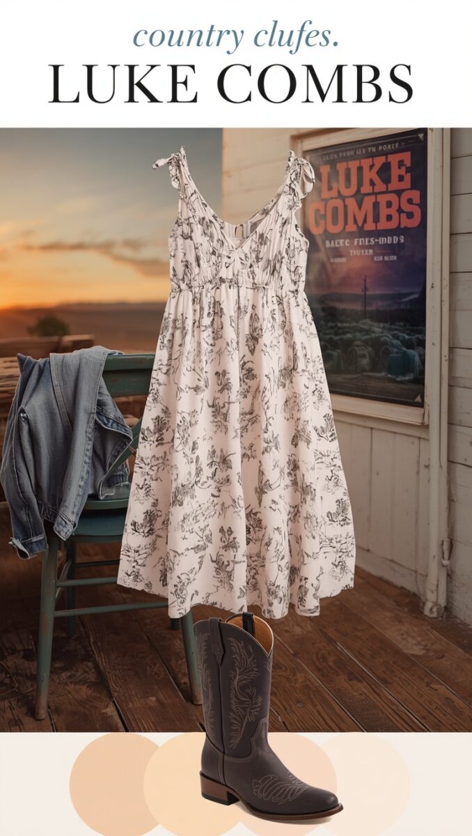 Luke Combs concert outfit flatlay: white floral midi dress, dark cowboy boots, and denim jacket on rustic porch