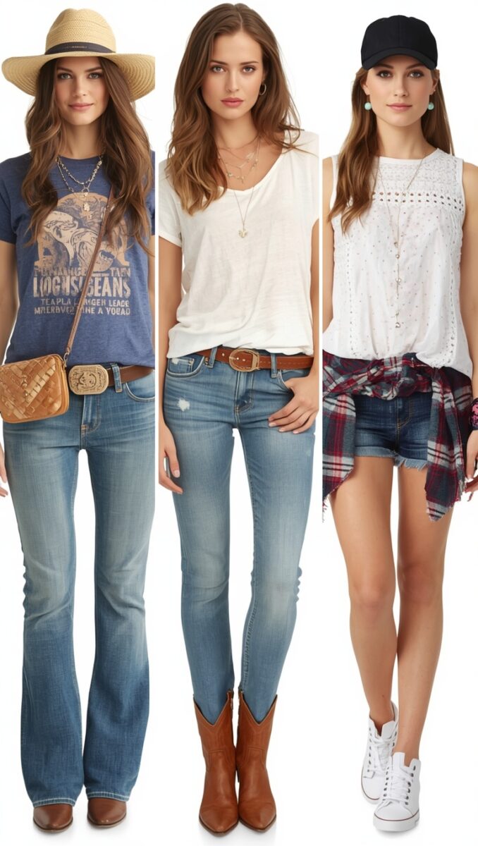 Three women modeling casual country-style outfits with jeans, white tops, boots, and accessories