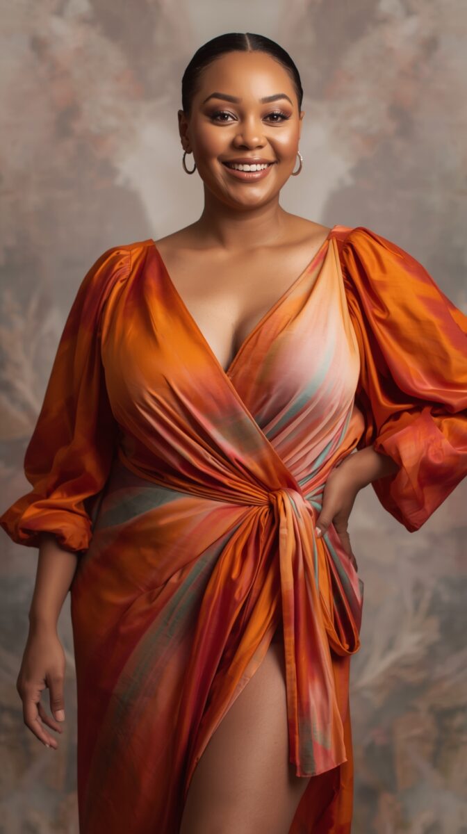 Professional portrait of woman in orange silk wrap dress with dramatic puff sleeves against neutral backdrop