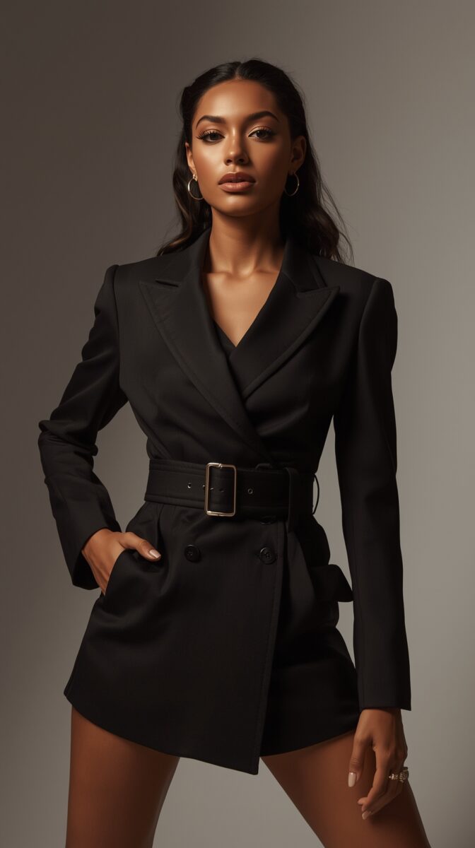 Professional fashion photo of model in black blazer dress with belt, against neutral background, wearing hoop earrings