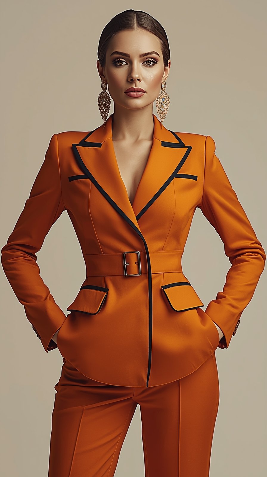 Professional fashion photo of orange power suit with black trim, featuring ornate gold earrings and sleek styling