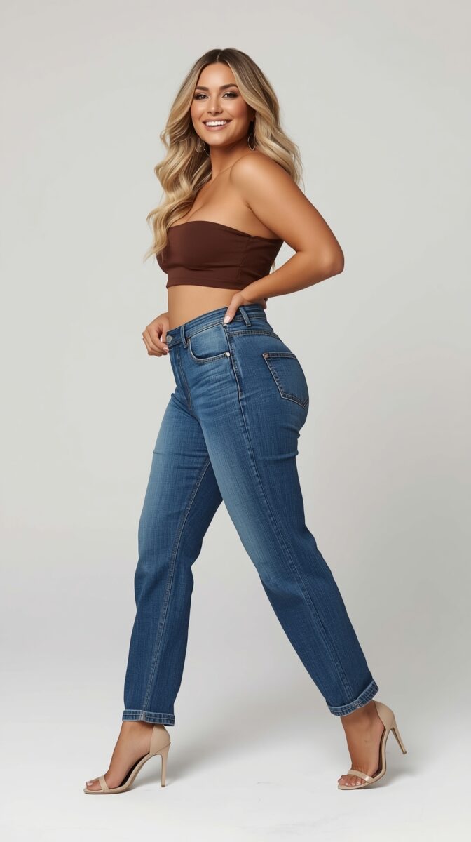 Woman in brown crop top and high-waisted blue jeans posing against light background, wearing nude heels and blonde wavy hair