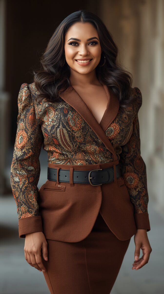 Professional woman wearing brown suit with patterned top, black belt, and elegant styling in business portrait