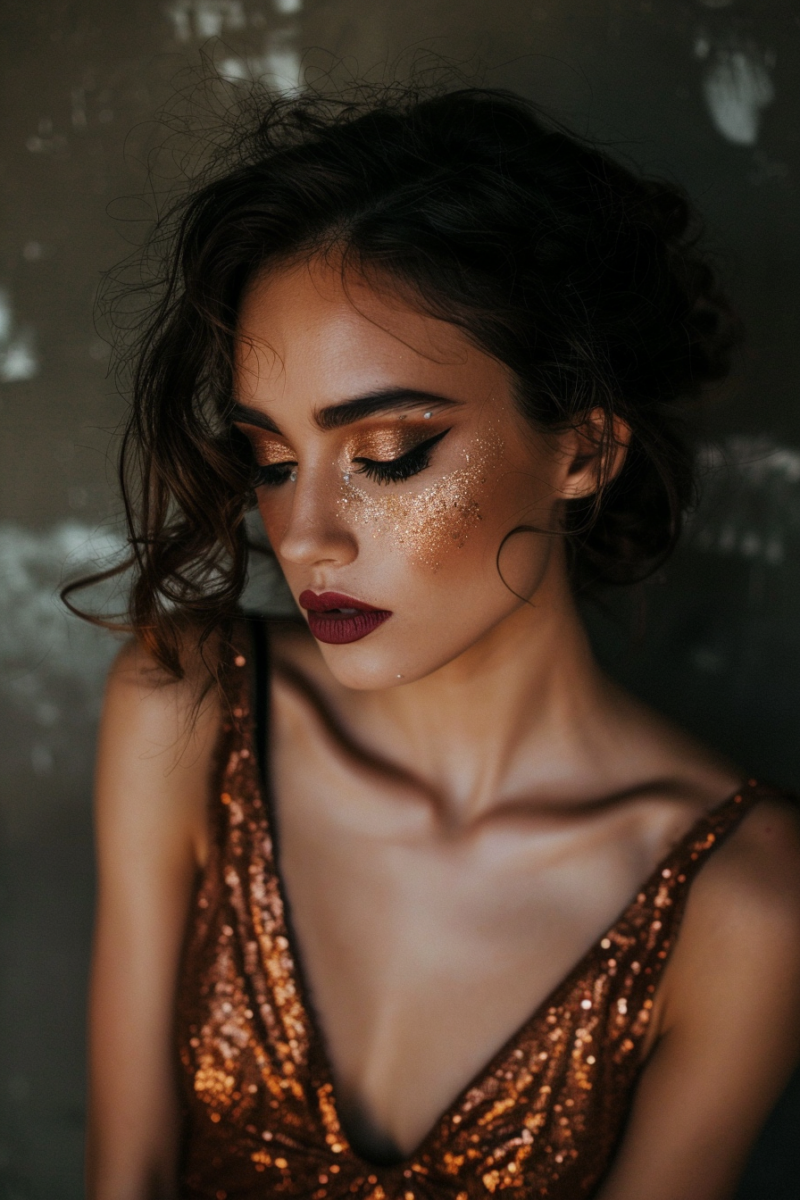 a woman with makeup for copper-dress