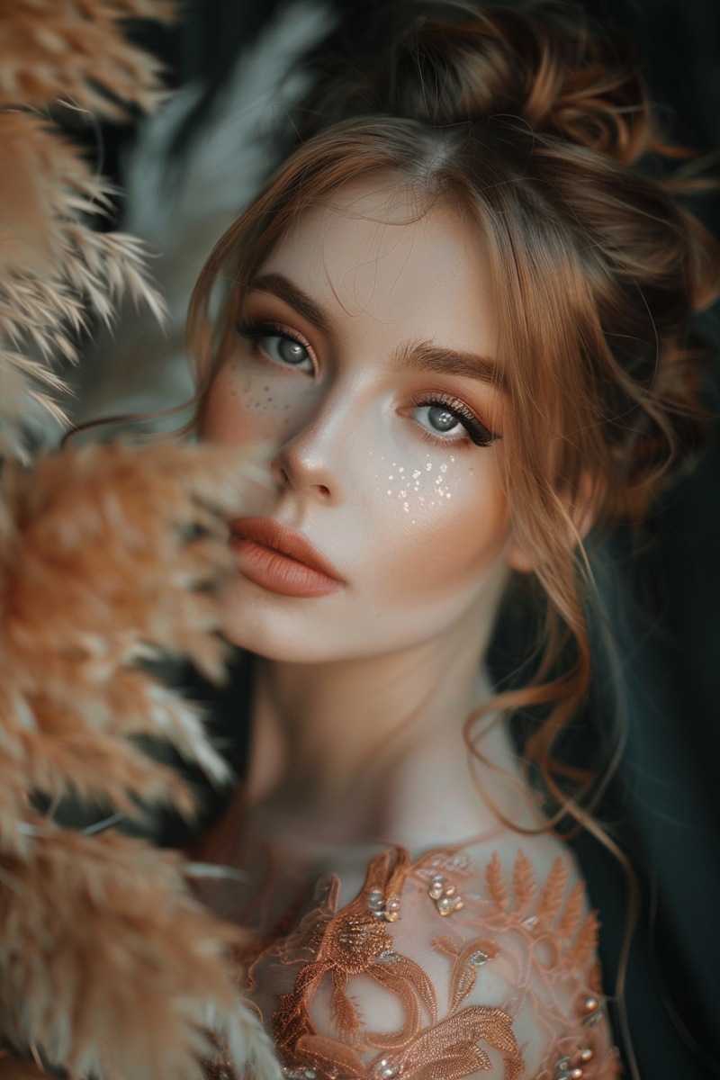 a woman with makeup for copper-dress