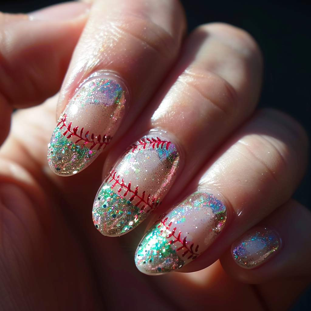 Twinkly Baseball Nails What's better than actual twinkling lights on your nails? This baseball nail idea brings the sparkle with holographic glitter! Start with a clear gel base and cured top coat to create a smooth, glossy surface for maximum light reflection. Next, use different sizes of holographic glitter to create fun baseball designs.