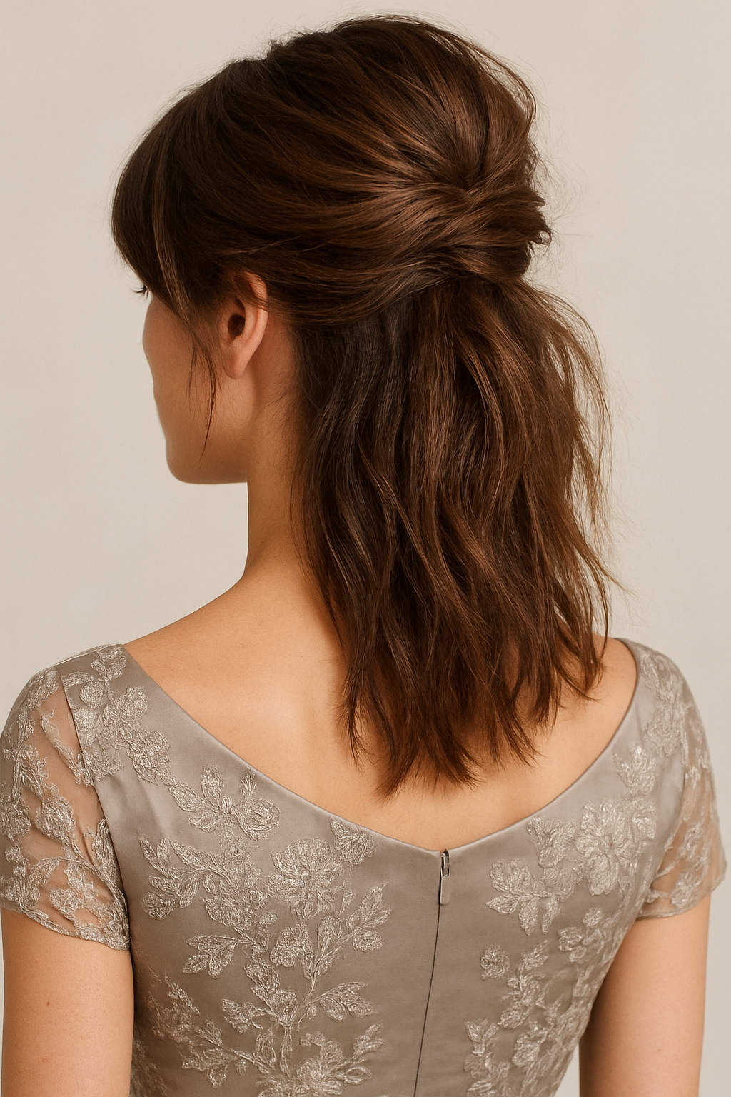 Textured half up bun with off-center part and swept fringe, seen from behind