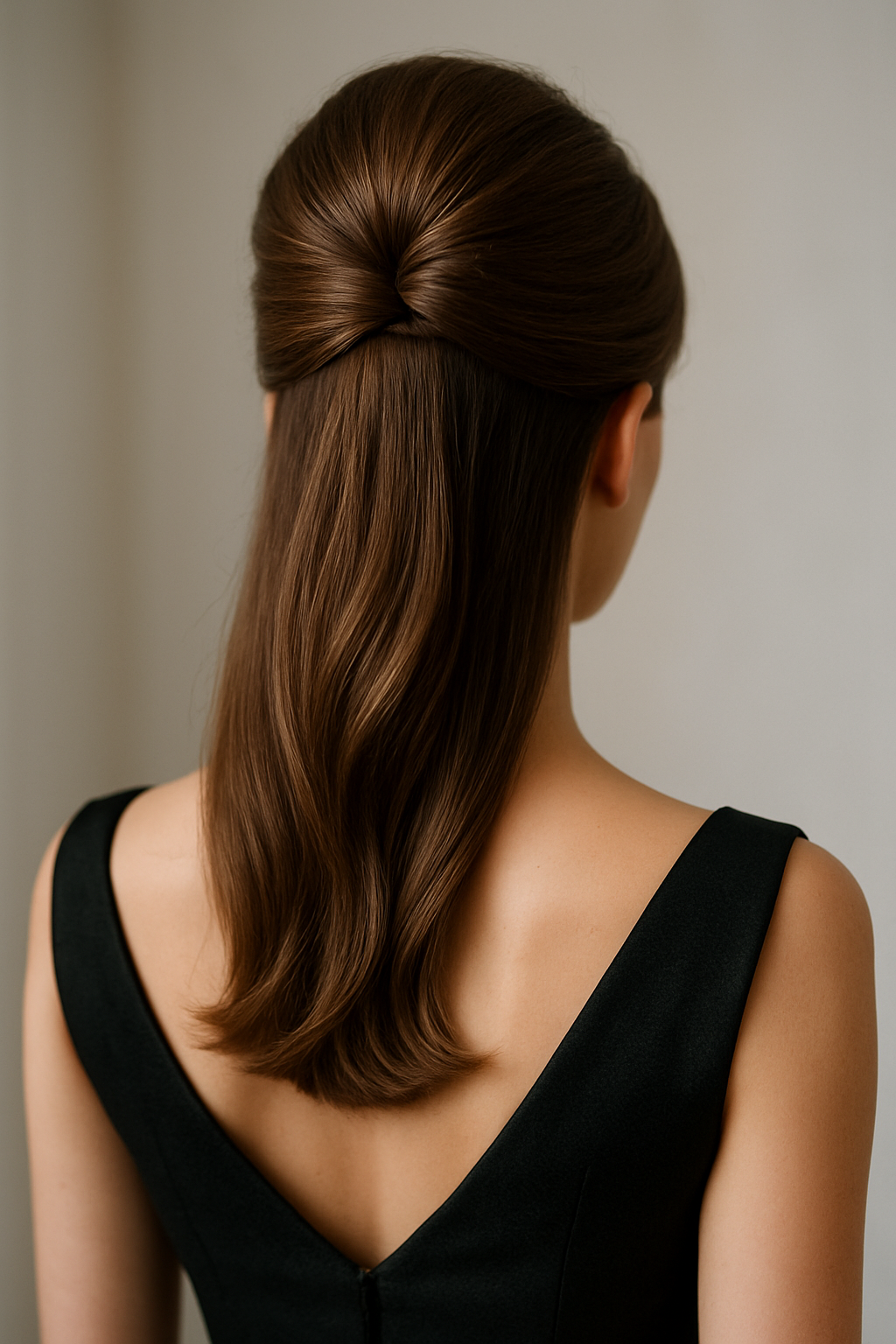 Half up bouffant with lifted crown and sides pinned underneath, seen from behind