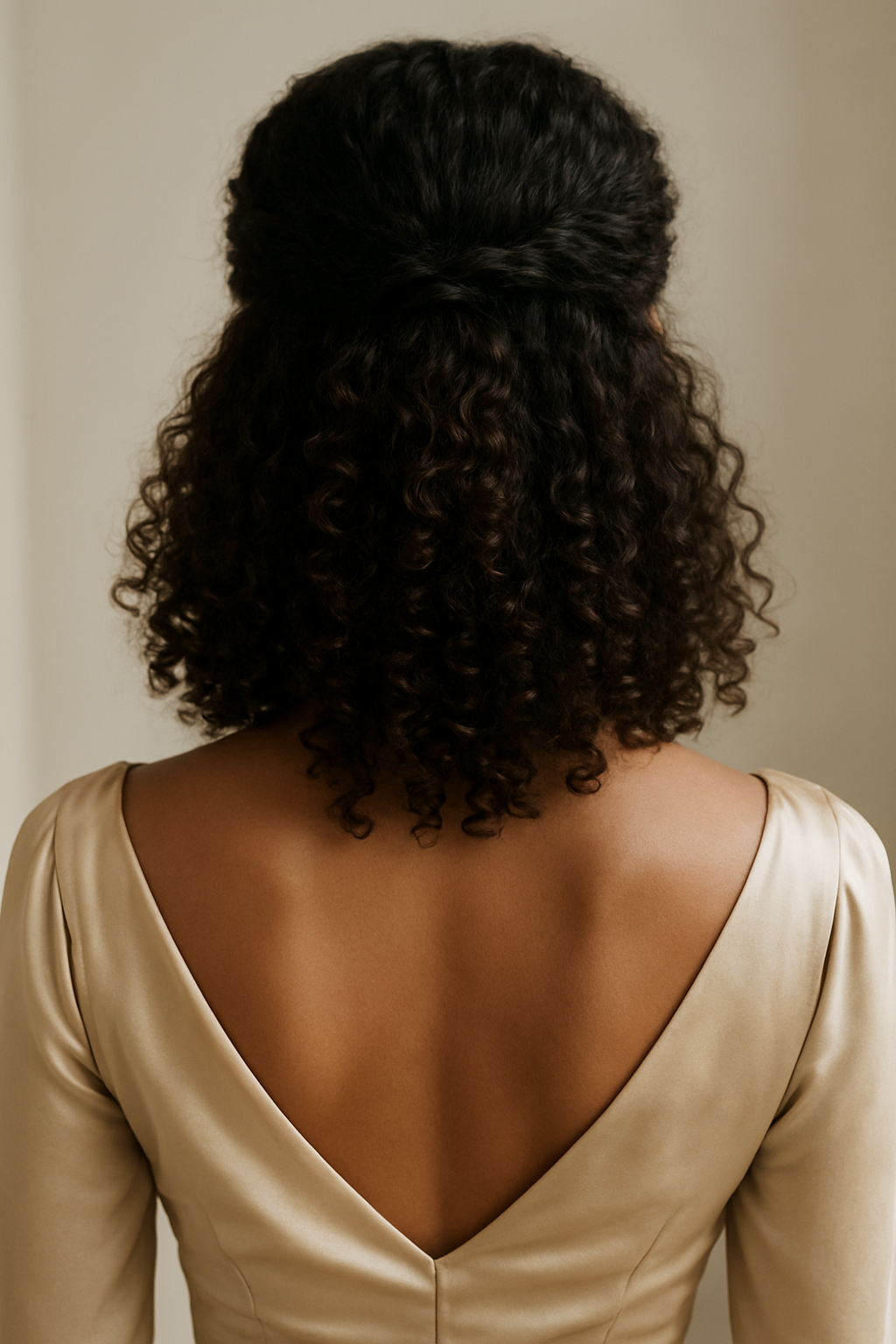 Curly half up style, center part, top section gathered behind the crown