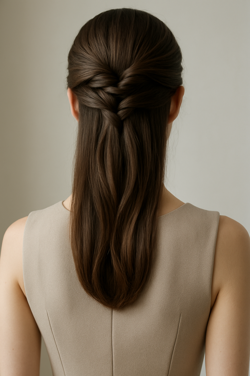 Modern twisted half updo with pancaked twists gathered at the crown