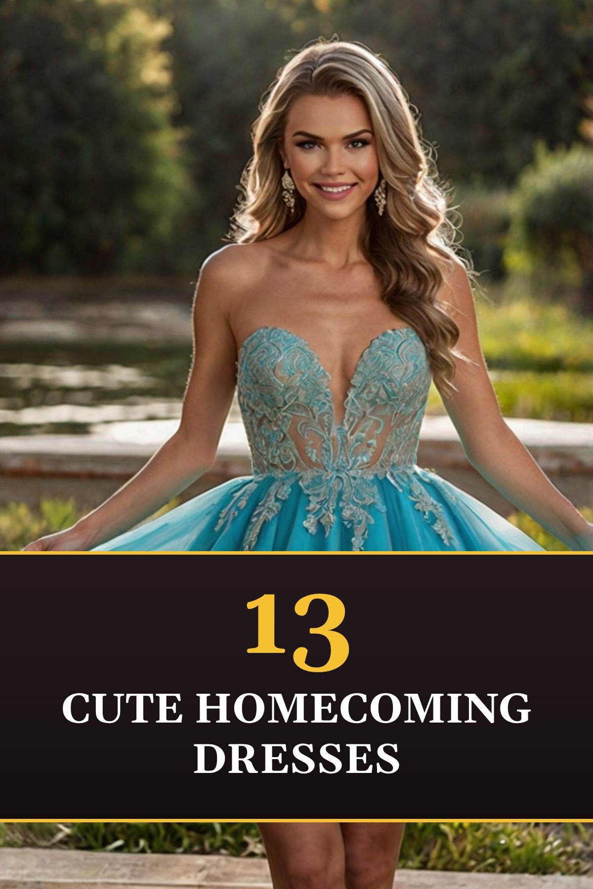 Graphic titled 13 cute homecoming dresses over teal strapless lace bodice dress