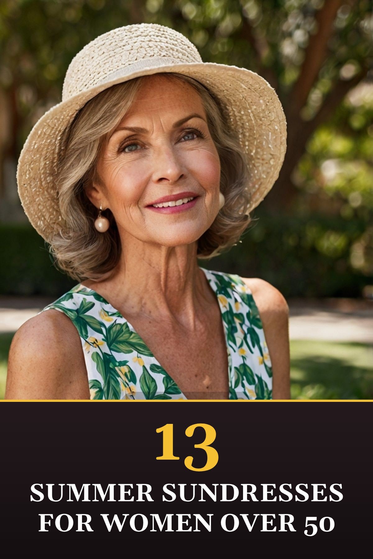 Graphic titled 13 summer sundresses for women over 50 over a woman in a palm-print dress and straw hat