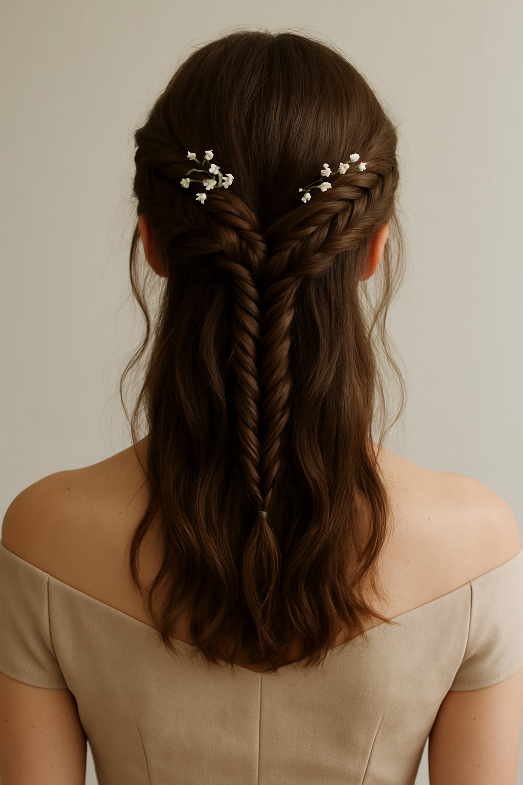 Two fishtail braids with small white flowers meeting at the back of the head, the rest left loose