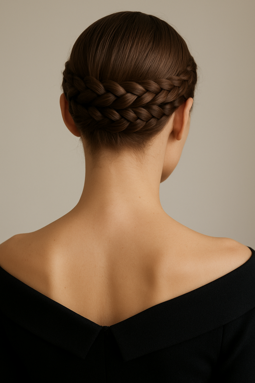 Three neat braids wrapped flat across the back of the head forming a tight braided crown