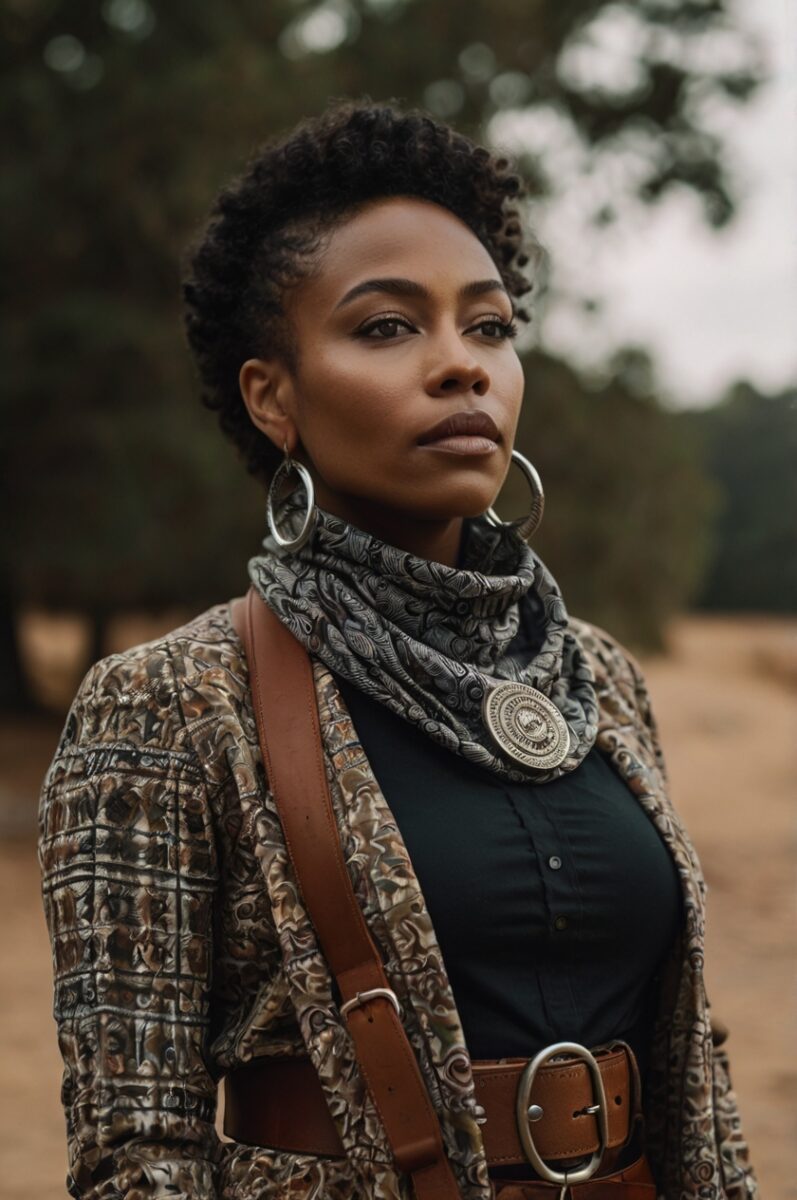 patterned neck scarf and statement belt buckles trail riding outfit for black women