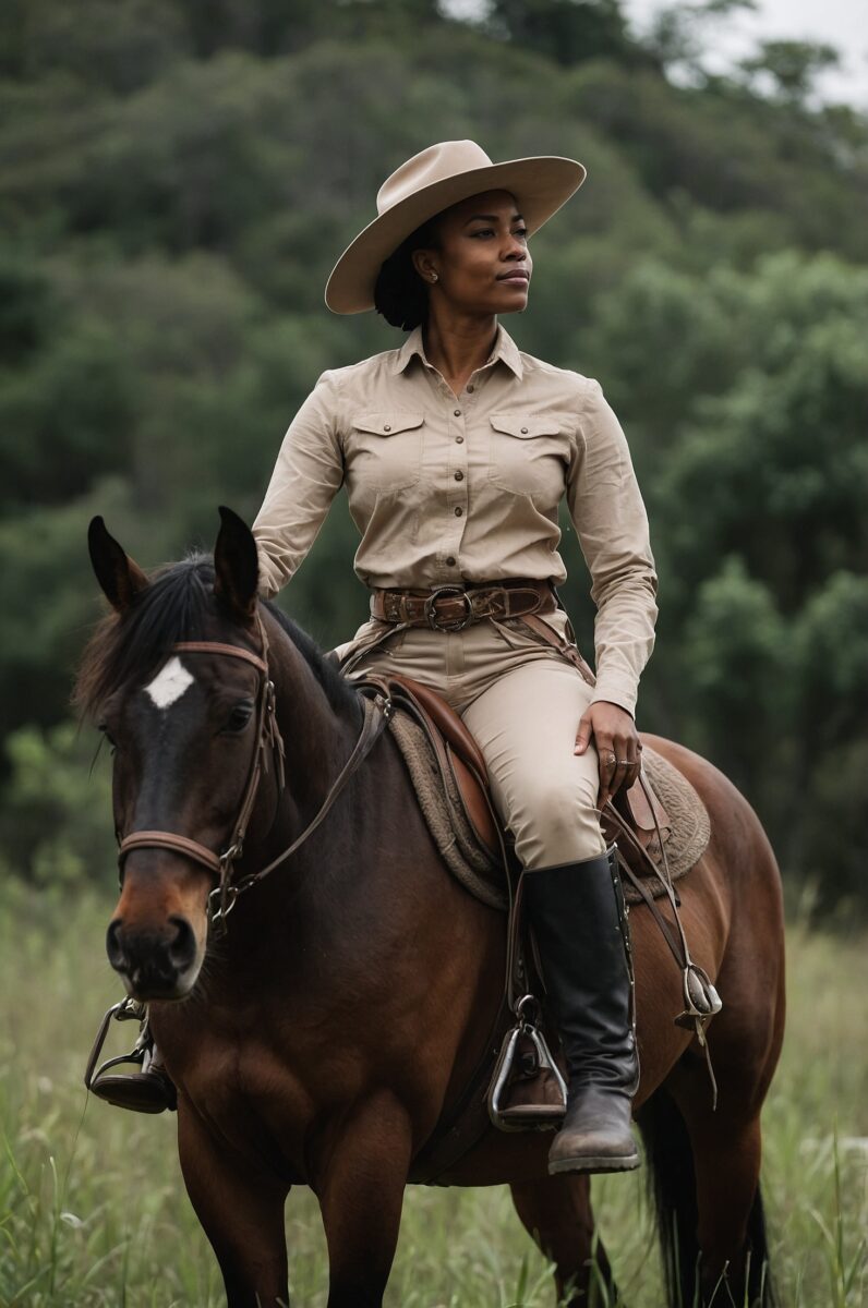 simple and neutral colored trail riding outfit and boots for black women