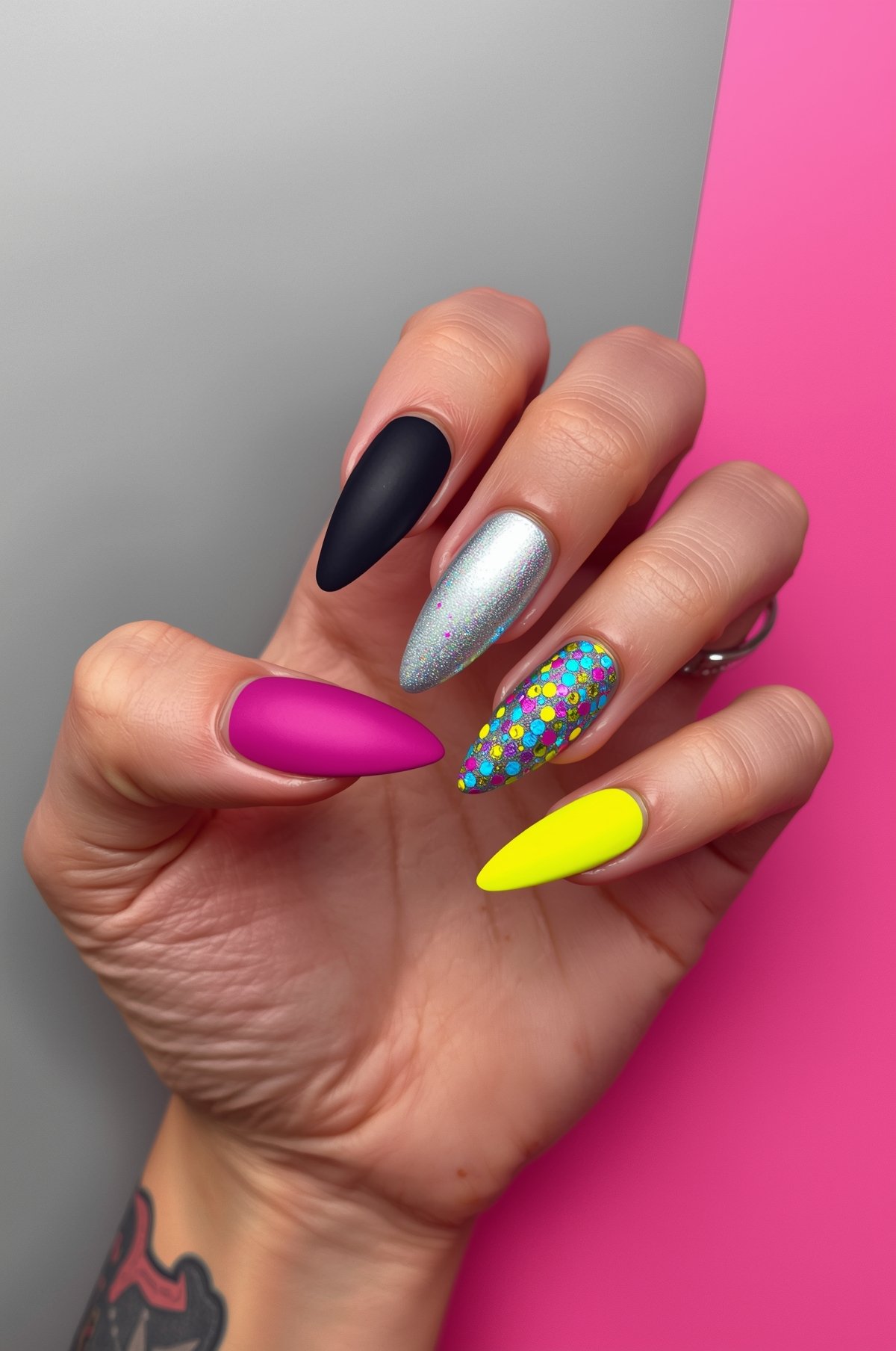 Hand with stiletto nails featuring matte black, holographic silver, matte magenta, multicolor glitter, and neon yellow nail art