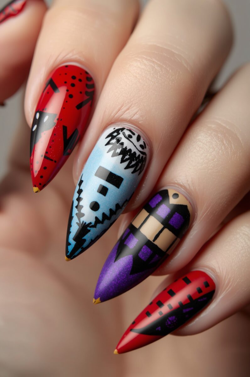 Close-up of stiletto nails with bold geometric nail art in red, blue, purple, black, and gold patterns