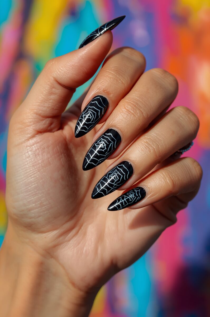 Hand with long black stiletto nails featuring white spiderweb nail art designs on colorful background