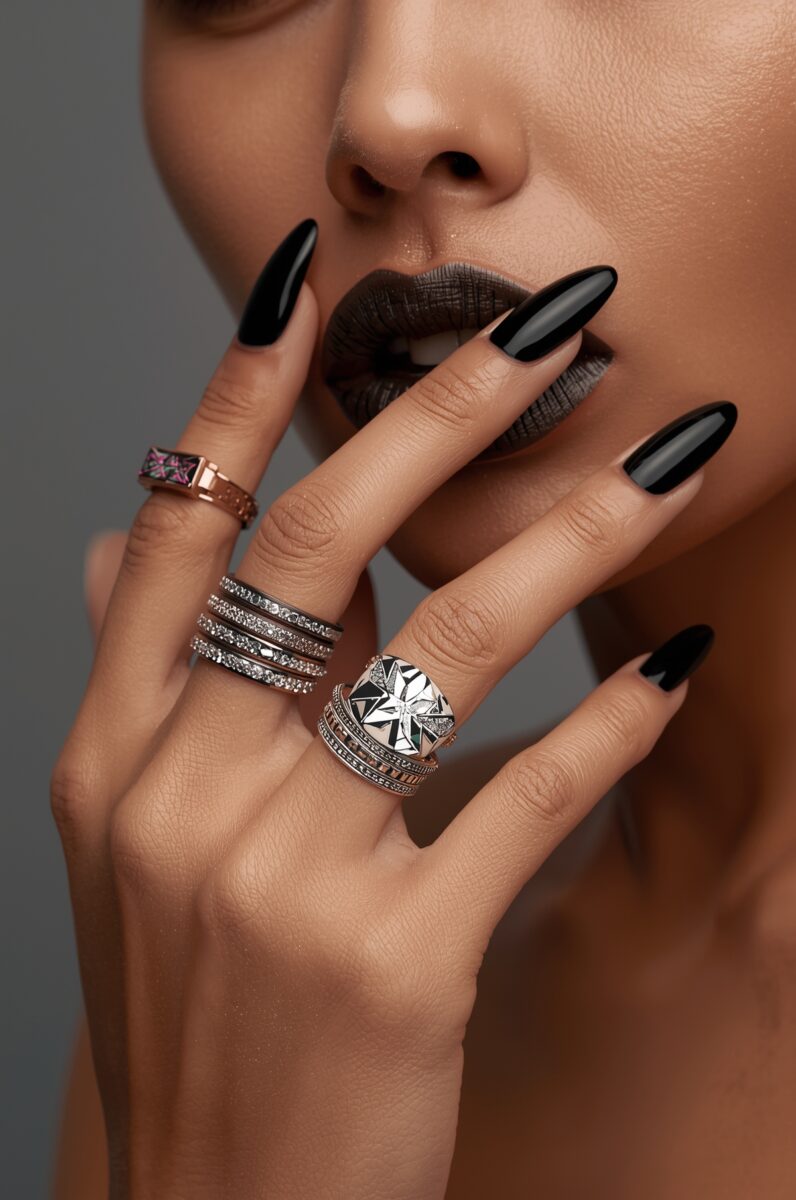 Close-up of hand with black stiletto nails and dark lipstick wearing multiple statement rings including diamond bands and a geometric star ring
