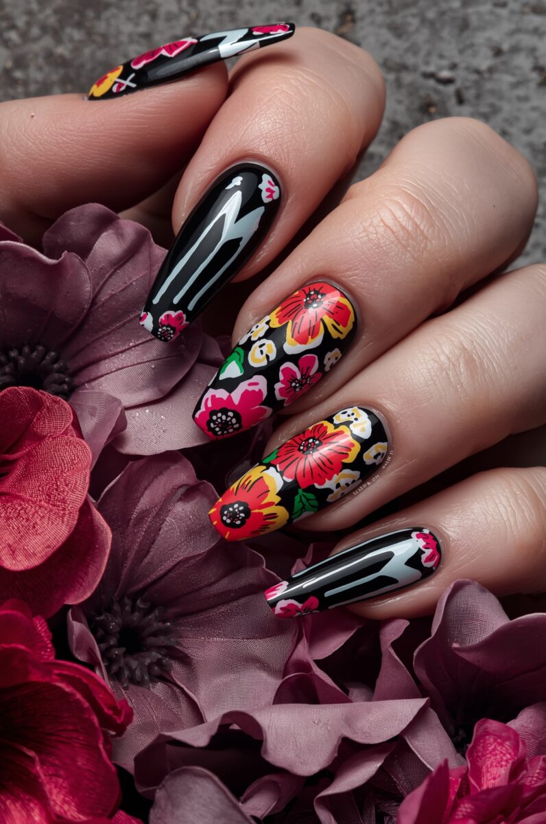 Long stiletto nails with black base featuring colorful floral nail art in red, pink, yellow, and green on purple flowers
