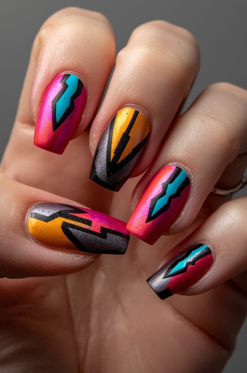 Bold geometric nail art with pink, orange, teal, gray, and black zigzag patterns on square-shaped nails