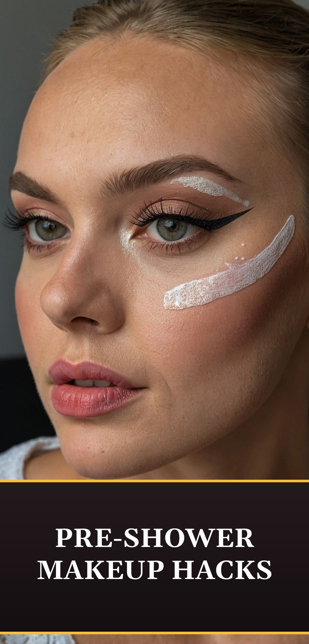 Graphic titled pre-shower makeup hacks over winged eyeliner with white shimmer eye look