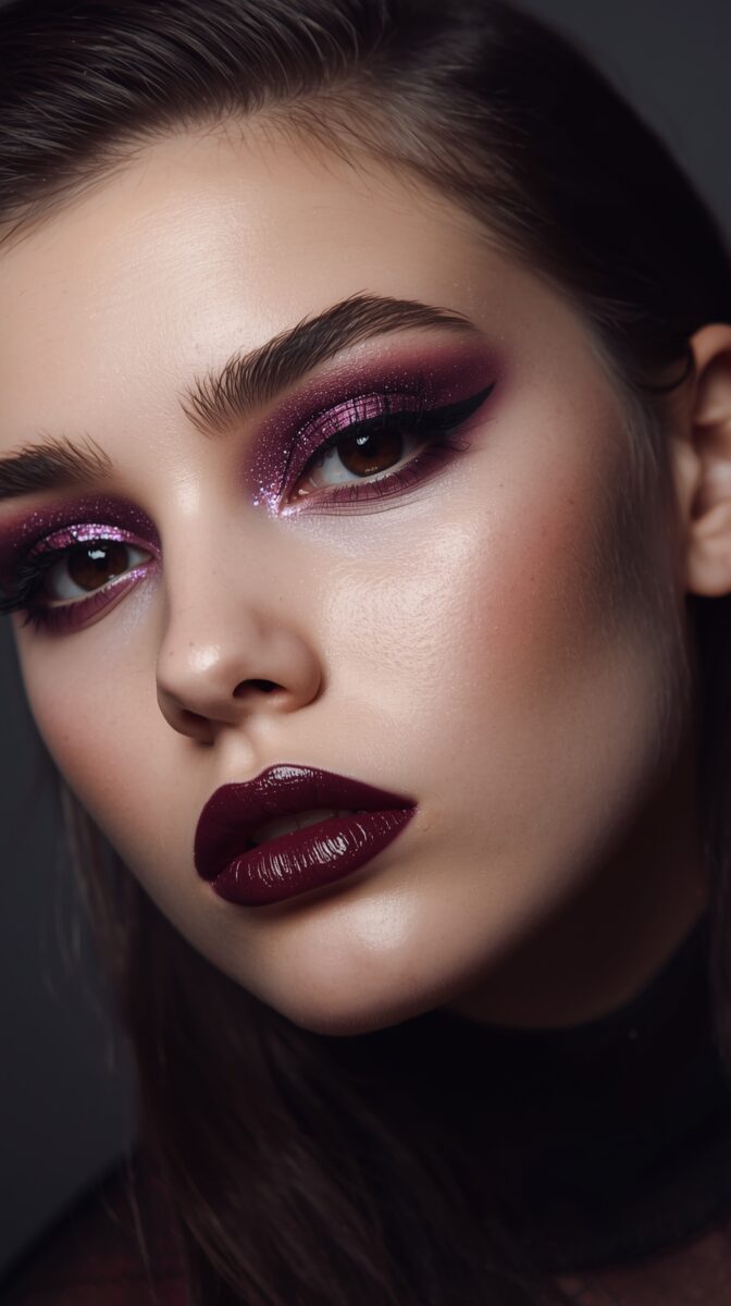 Close-up beauty shot featuring dramatic burgundy glitter eyeshadow, dark lipstick, and flawless skin makeup against dark background