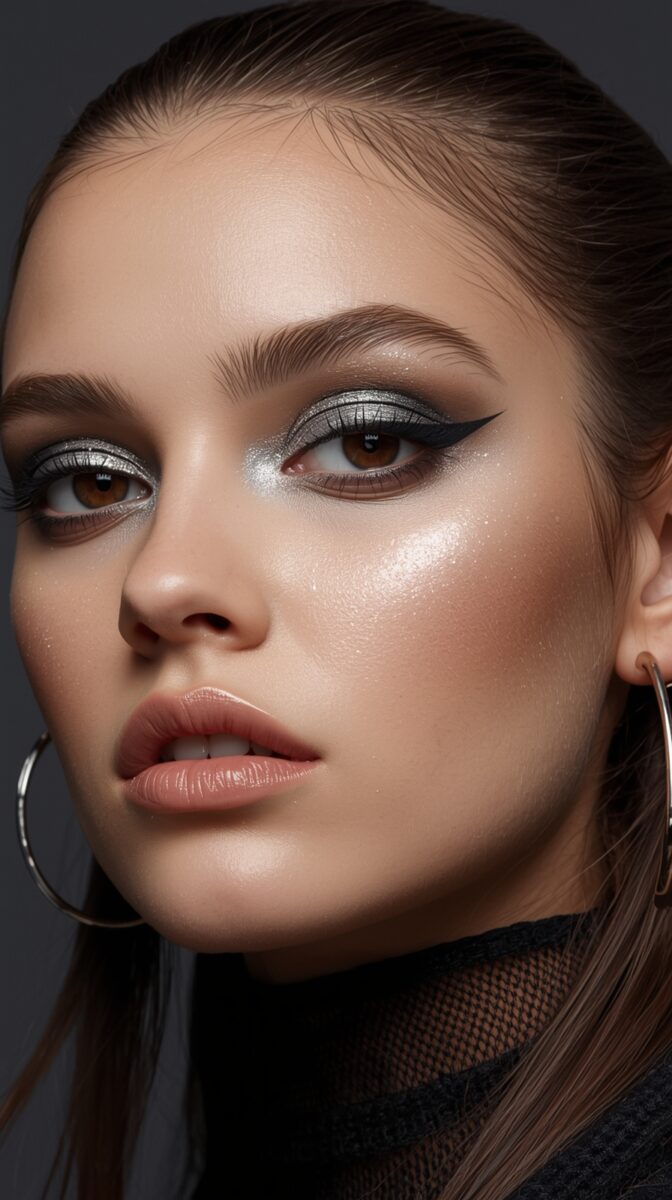 Close-up beauty shot featuring metallic silver eyeshadow, winged eyeliner, nude lips, and silver hoop earrings against dark background