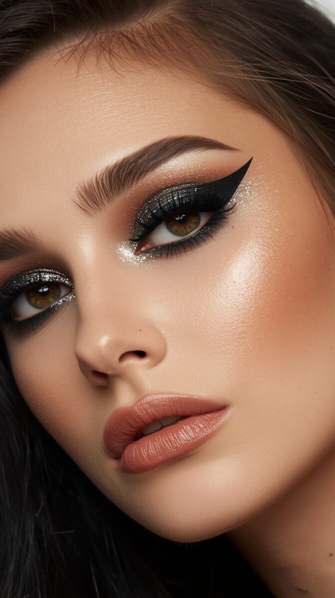 Dramatic evening makeup look featuring glittery black winged eyeliner, nude-pink lips, and flawless complexion