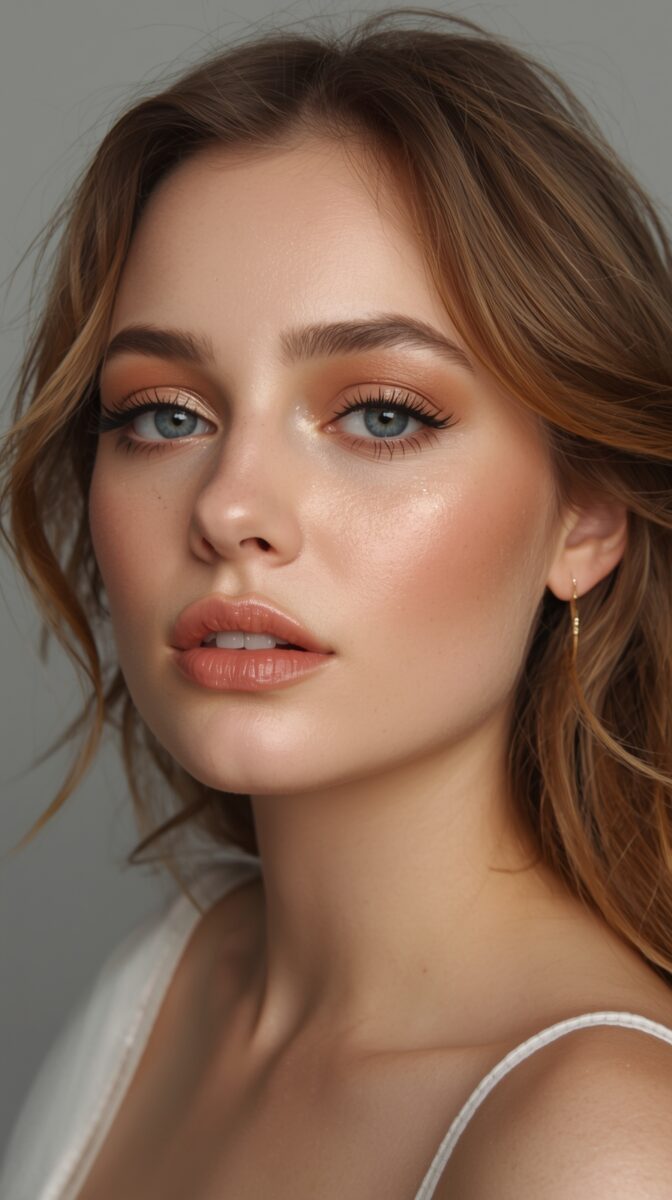 Natural glowing makeup look featuring peachy tones, false lashes, and dewy skin on model with blue eyes and brown hair