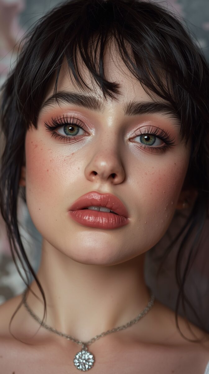 Close-up beauty portrait with peachy makeup, dark bangs, green eyes, and diamond pendant necklace