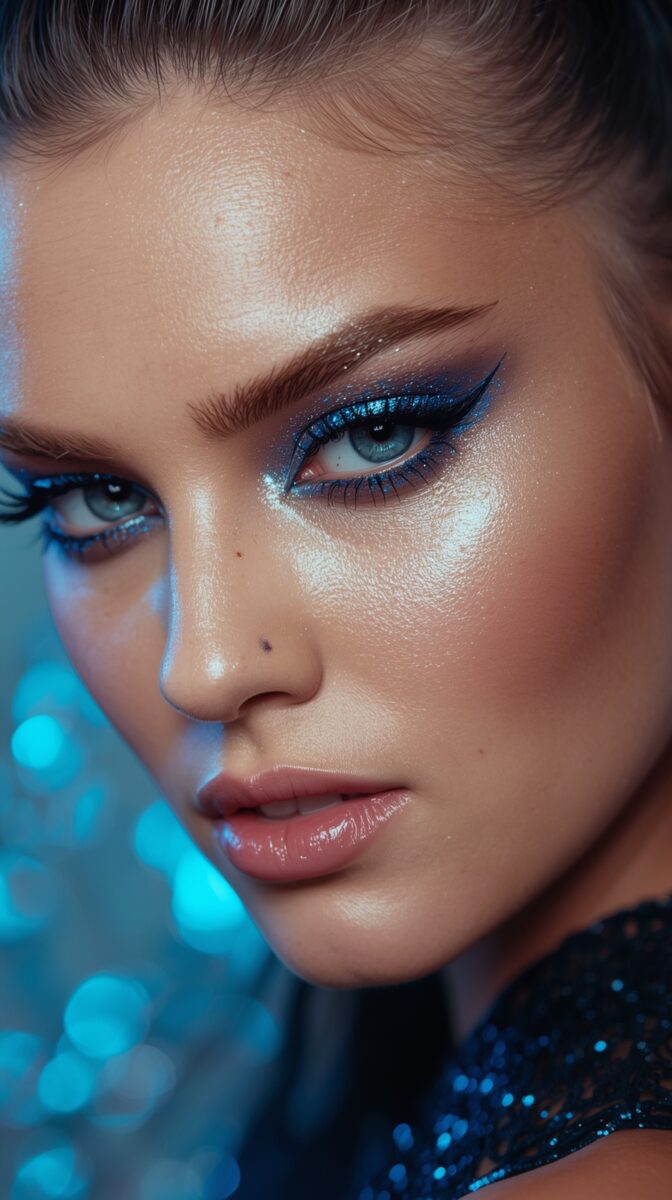 Close-up beauty shot with dramatic blue glitter eye makeup, glossy lips, and glowing skin against turquoise bokeh background